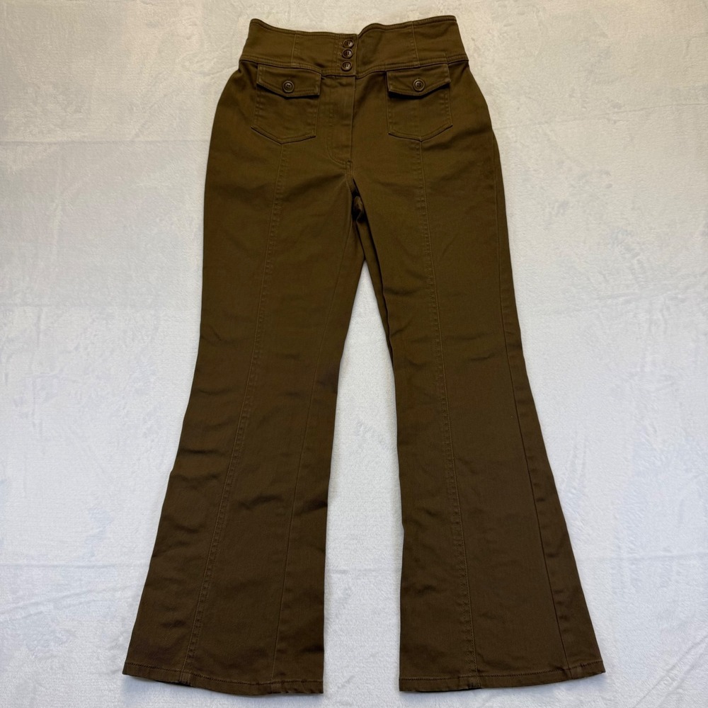 Ulla Johnson Womens High Rise Flare Pants Olive Brown Cotton Size 4 Front Seam